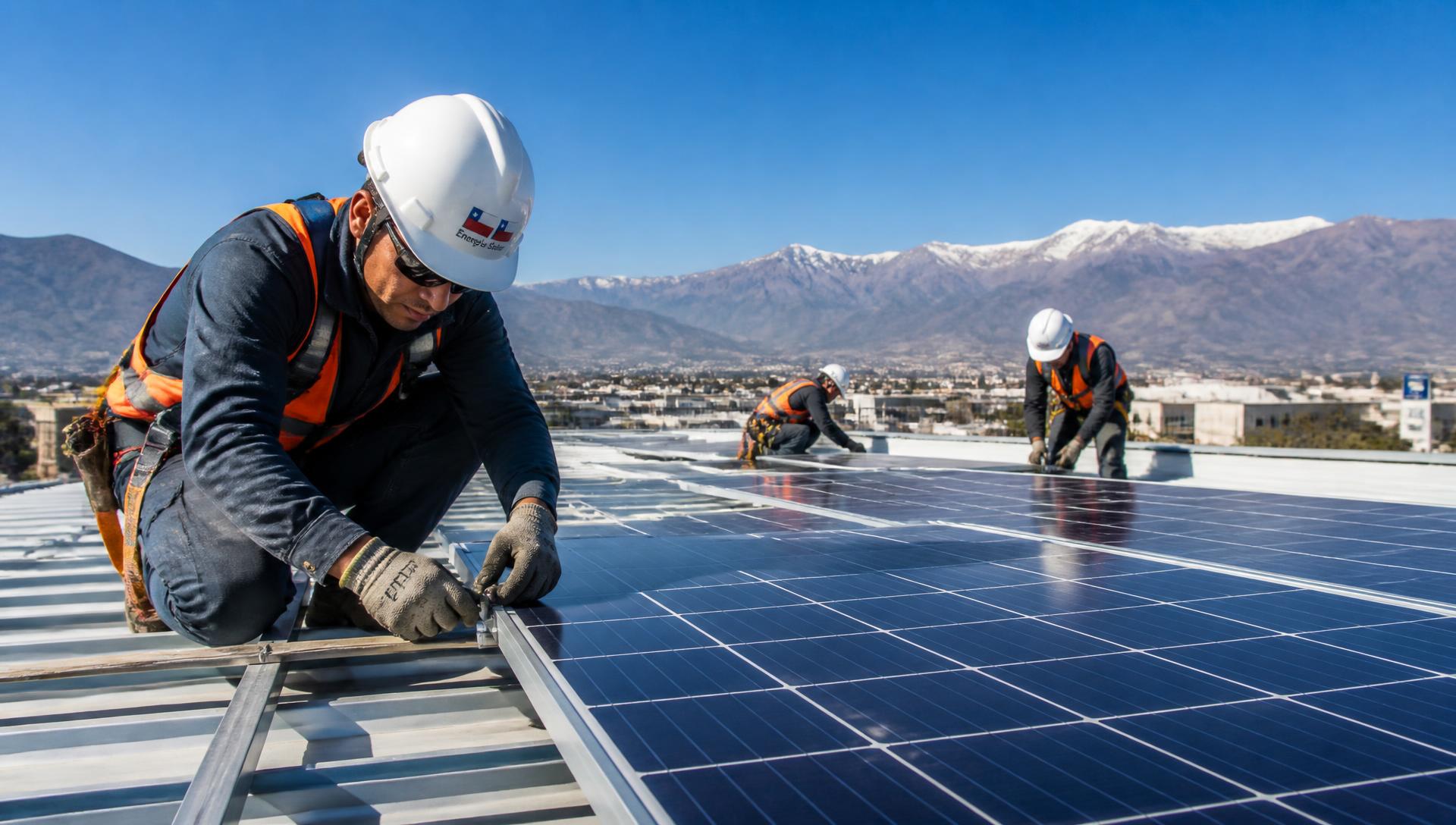 Técnicos instalando paneles fotovoltaicos sobre la techumbre de un edificio industrial